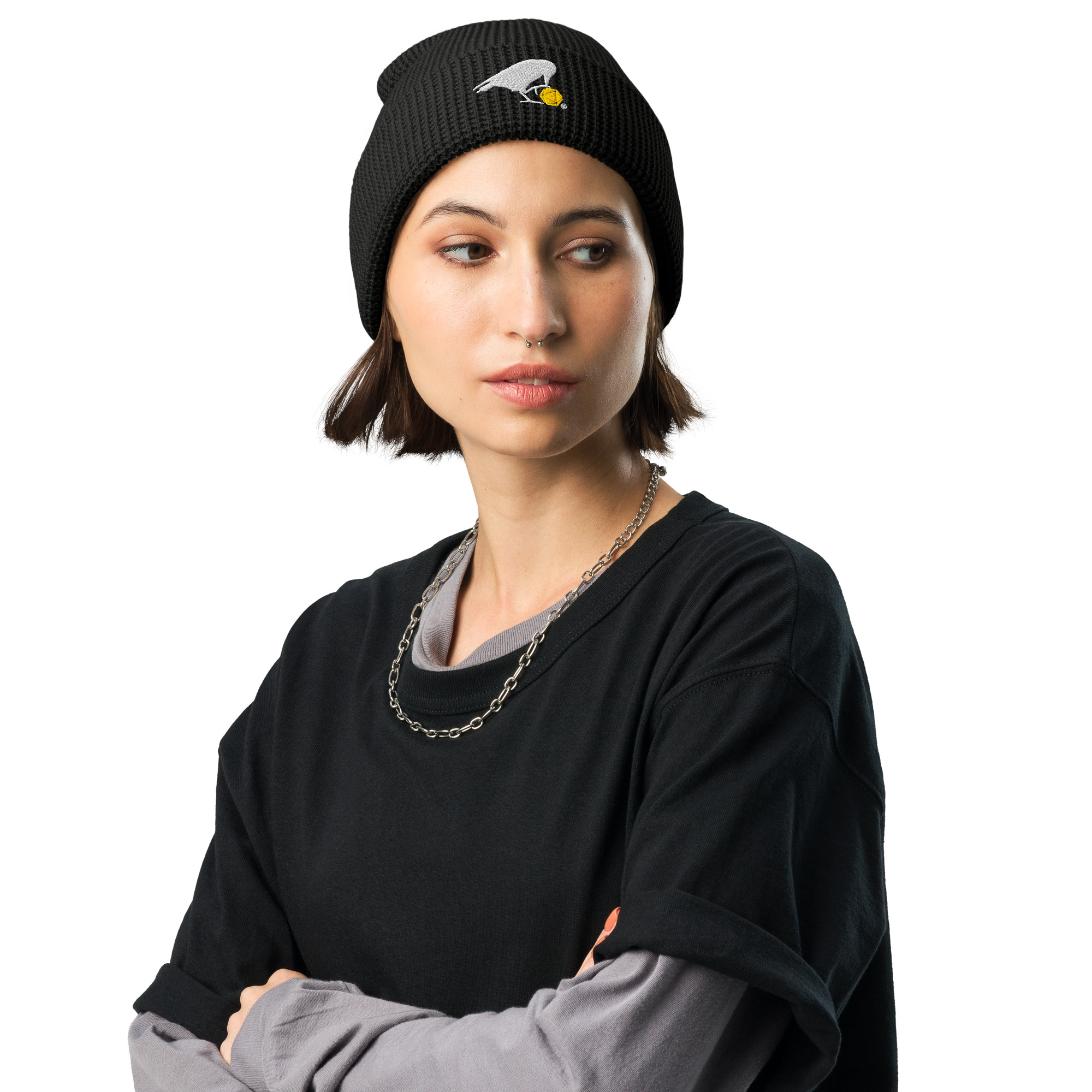 White Raven Waffle Beanie